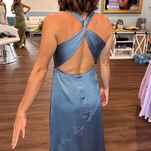 Purely Elegant Slate Blue Satin Twist-Back Maxi Dress